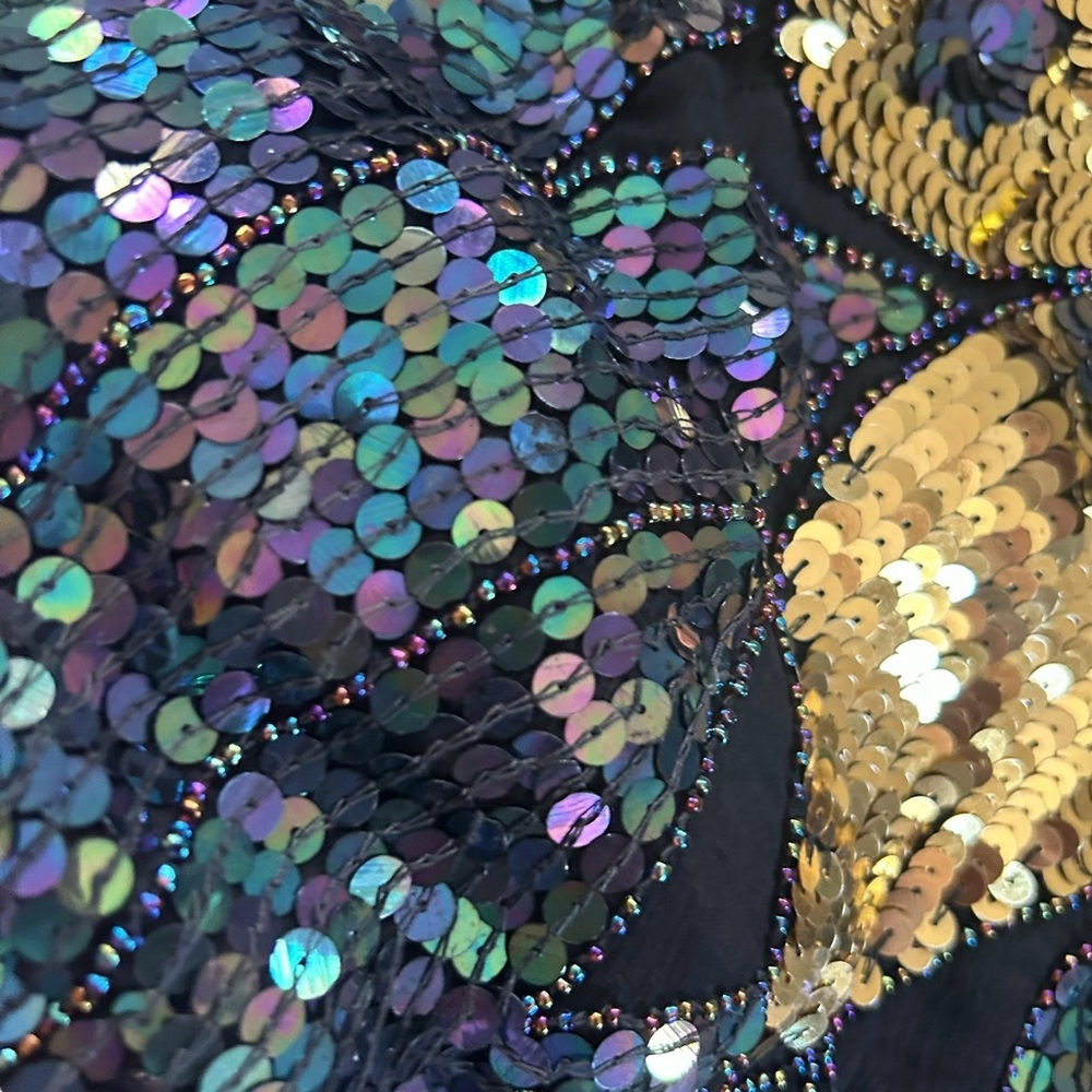 Vintage 70s Dark Rainbow & Gold Sequin Butterfly Top 100% Silk Festival Boho OS - Picture 14 of 17